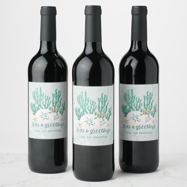 Coastal SEAS & Greetings Turquoise Glitter Wine Label (Bottles)