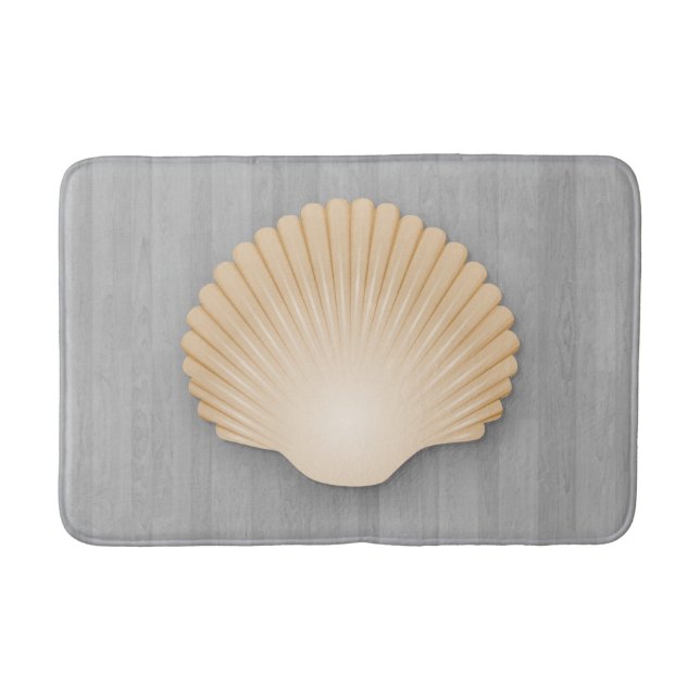 Coastal Seashell and Grey Wood Planks Bath Mat (Front)