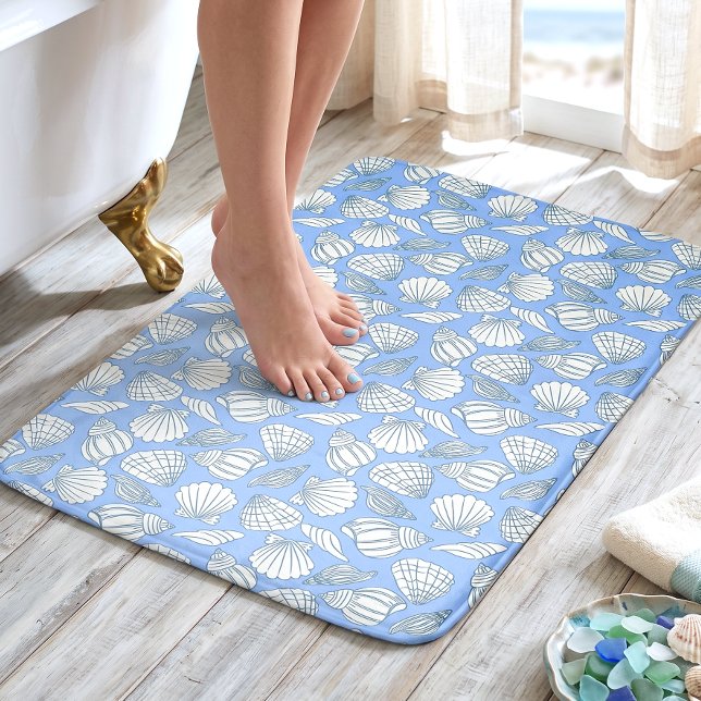 Coastal Seashell Beach Cottage Blue Bath Mat (Creator Uploaded)