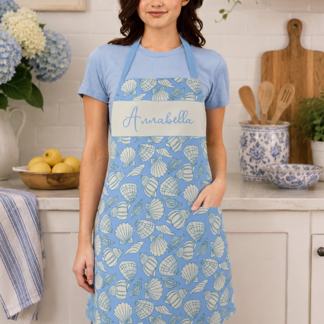 Coastal Seashell Beach Cottage Blue Monogram Apron (Creator Uploaded)