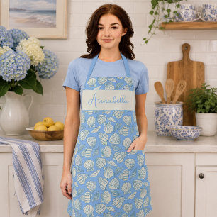 Coastal Seashell Beach Cottage Blue Monogram Apron