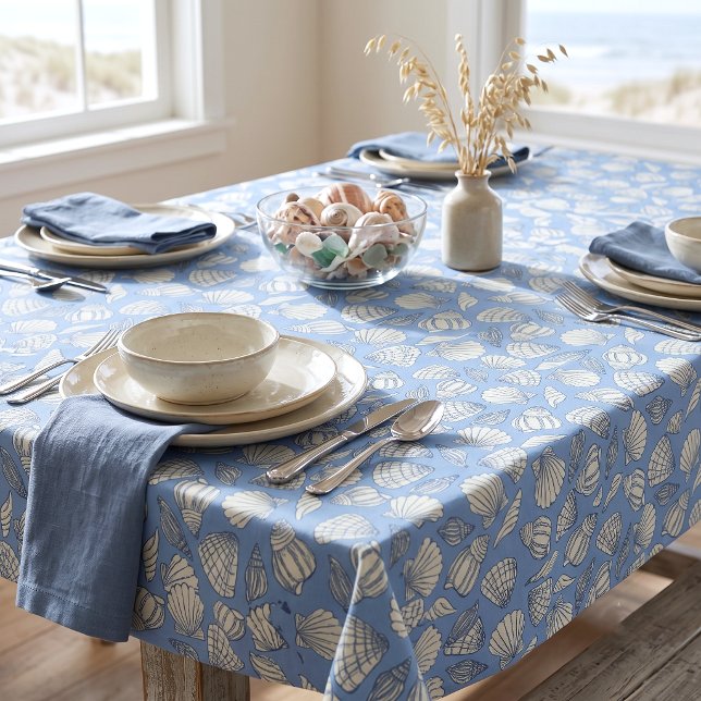 Coastal Seashell Beach Cottage Blue Tablecloth (Creator Uploaded)