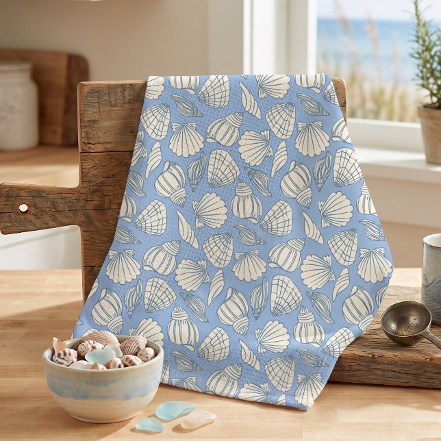Coastal Seashell Beach Cottage Blue Tea Towel (Creator Uploaded)
