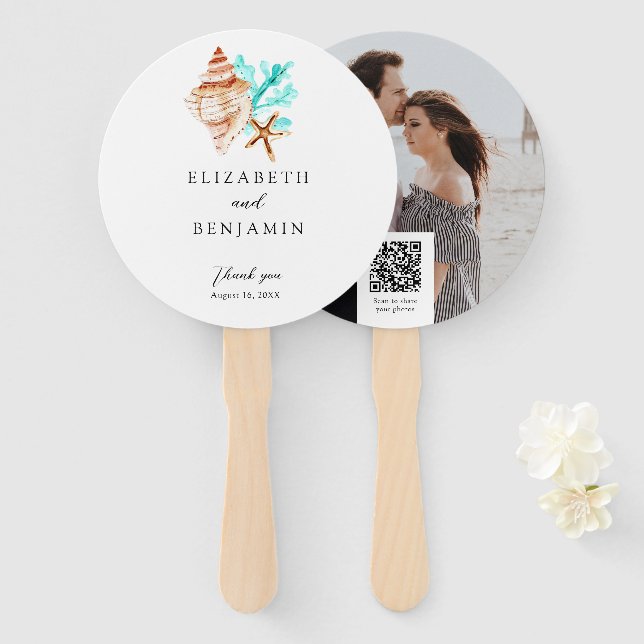 Coastal Seashell Beach Wedding Tropical QR Photo Hand Fan (Front and Back)