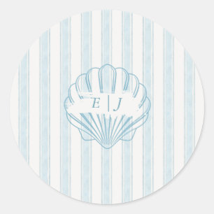 Coastal Seashell Bride Groom Initial Blue Classic Round Sticker