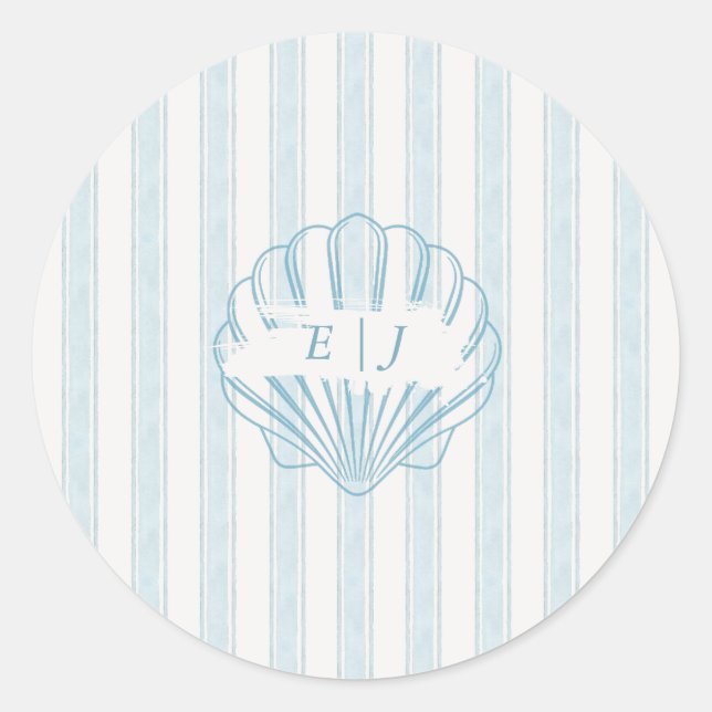 Coastal Seashell Bride Groom Initial Blue Classic Round Sticker (Front)