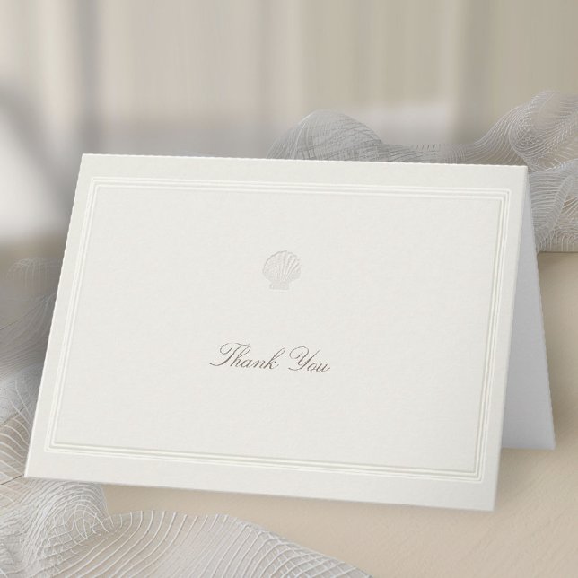 Coastal Seashell Ecru Nautical Formal Ecru Wedding Thank You Card (modern classic wedding thank you coastal nautical shell ecru script formal traditional elegant)