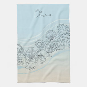 Coastal Seashell Line Art Tea Towel