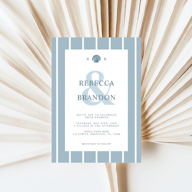 Coastal Seashell Monogram Blue QR Code Wedding Invitation (Creator Uploaded)