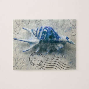 Coastal Seashell Monogram Name Indigo Blue Jigsaw Puzzle
