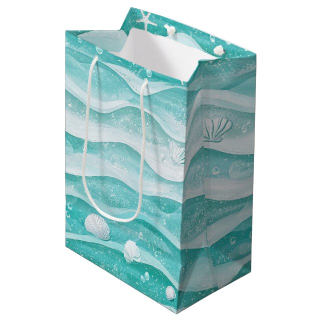 Coastal Seashell Ocean Wave Pattern Medium Gift Bag (Front Angled)
