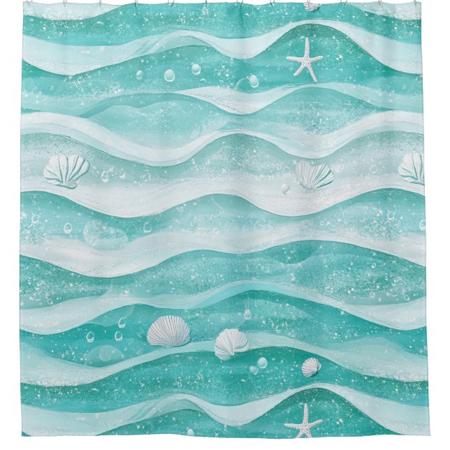 Coastal Seashell Ocean Wave Pattern Shower Curtain (Front)