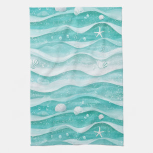Coastal Seashell Ocean Wave Pattern Tea Towel