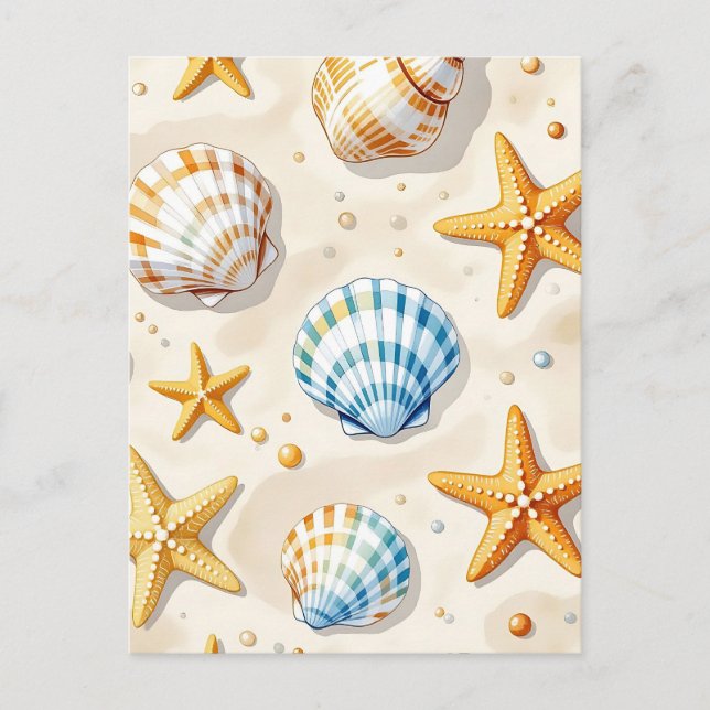 Coastal Seashell Starfish Beach Pattern Postcard (Front)