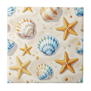 Coastal Seashell Starfish Beach Pattern Tile