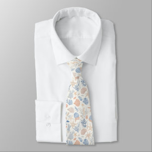Coastal Seashell Starfish Blue Peach Cream Tie