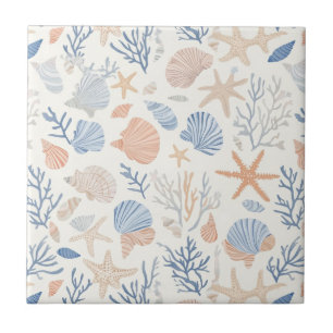 Coastal Seashell Starfish Blue Peach Cream Tile