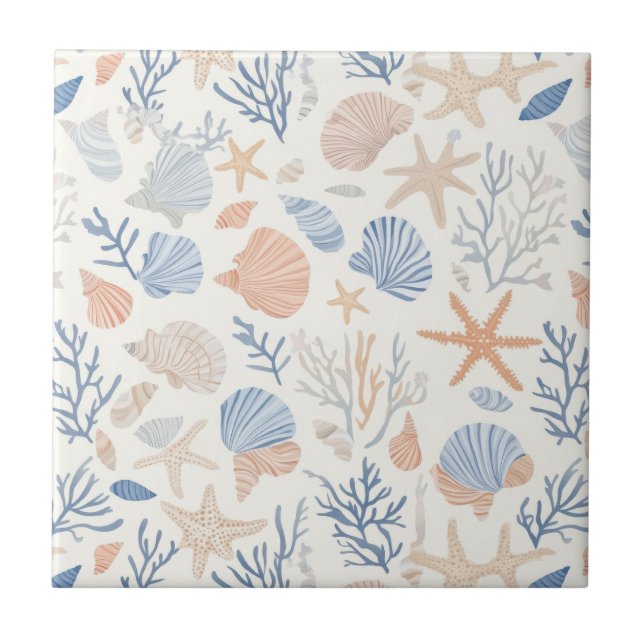 Coastal Seashell Starfish Blue Peach Cream Tile (Front)