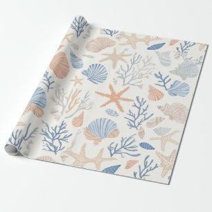 Coastal Seashell Starfish Blue Peach Cream Wrapping Paper
