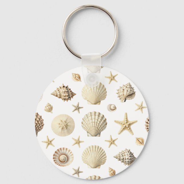 Coastal Seashell Starfish Seamless Pattern Key Ring (Front)