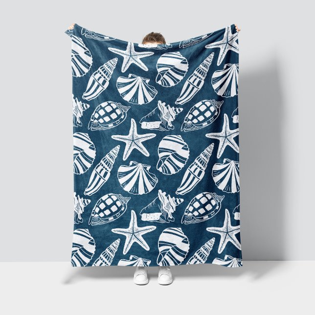 Coastal Seashell & Starfish Toile Deep Aegean Blue Fleece Blanket (Creator Uploaded)