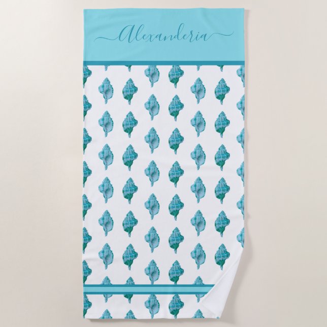 Coastal Seashell Tropical Teal Blue Beach Towel (Front)
