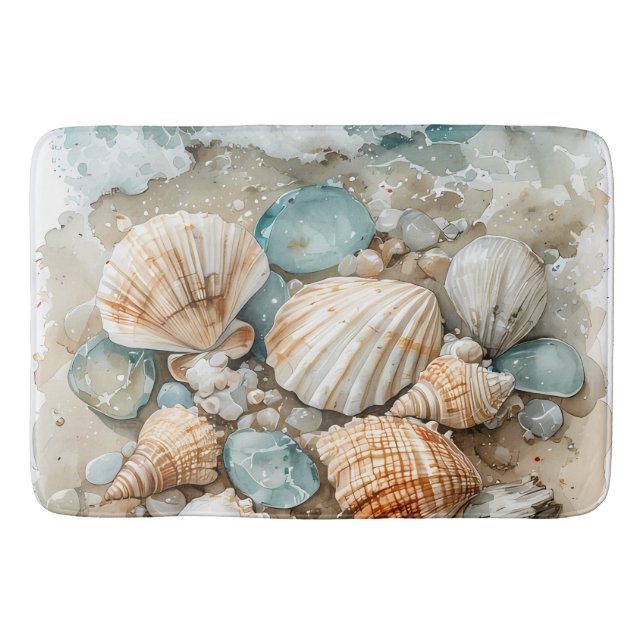 Coastal Seashell Watercolor Driftwood Scene Bath Mat (Front)