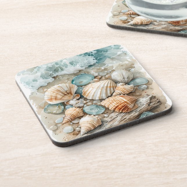 Coastal Seashell Watercolor Driftwood Scene Coaster (Left Side)