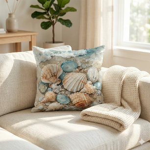 Coastal Seashell Watercolor Driftwood Scene Cushion