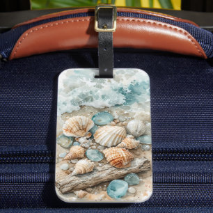 Coastal Seashell Watercolor Driftwood Scene Luggage Tag