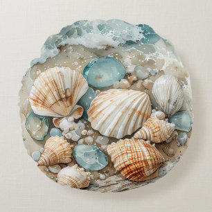 Coastal Seashell Watercolor Driftwood Scene Round Cushion