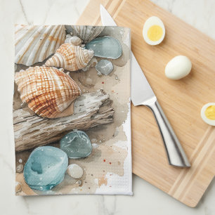 Coastal Seashell Watercolor Driftwood Scene Tea Towel