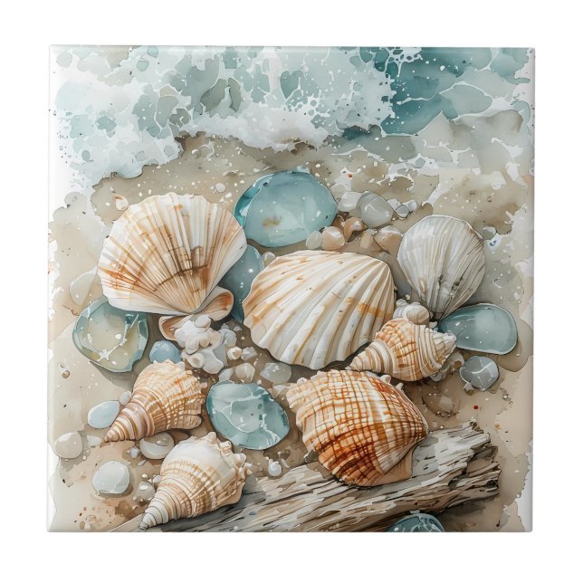 Coastal Seashell Watercolor Driftwood Scene Tile (Front)
