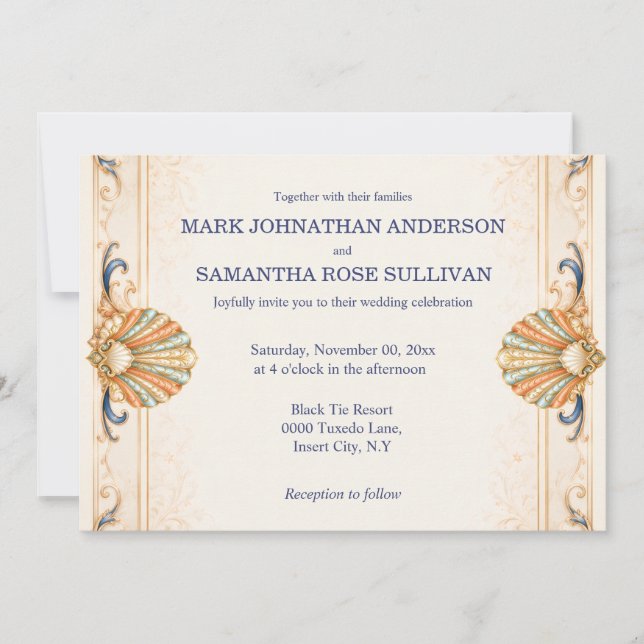 Coastal Seashell Wedding Vintage Luxury  Invitation (Front)