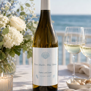Coastal Seashell White Blue Wedding Wine Label