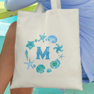 Coastal Seashells and Starfish Monogrammed Tote Bag
