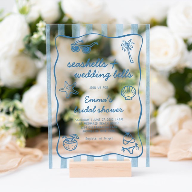 Coastal Seashells and Wedding Bells Bridal Shower Acrylic Invitations (Creator Uploaded)