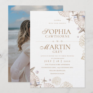 Coastal Seashells Beach Wedding Photo Invitation