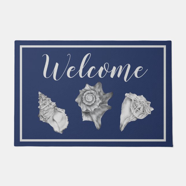 Coastal Seashells Navy Blue Welcome Doormat (Front)