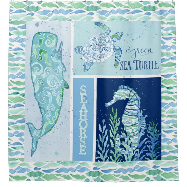 Coastal Seashore Beach Ocean Modern Wave Pattern Shower Curtain (Front)