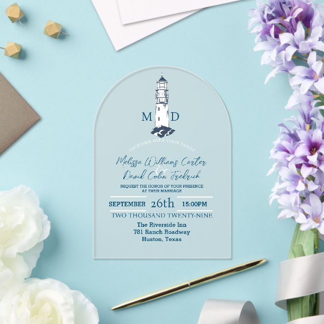 Coastal Seaside Beach Nautical Lighthouse Wedding  Acrylic Invitations (Insitu (Wedding))