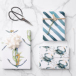 Coastal Seaside Nautical Delights Pattern Wrapping Paper Sheet<br><div class="desc">A delightful set of nautical gift wrapping sheets with a coastal theme, this design set includes 3 watercolor styles: one has an anchor with seaweed and a seahorse, one has nautical blue watercolor painted stripes, and one has a pattern of painted blue crabs. This wrapping paper is a perfect choice...</div>