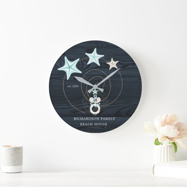 Coastal Seaside Turquoise Monogram  Large Clock (Home)