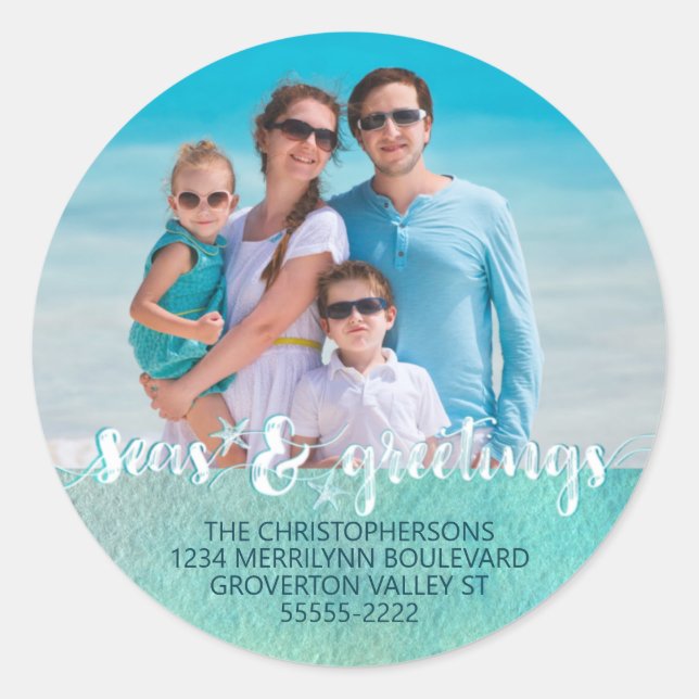 Coastal SEAsons GREETINGS Photo Return Address Classic Round Sticker (Front)