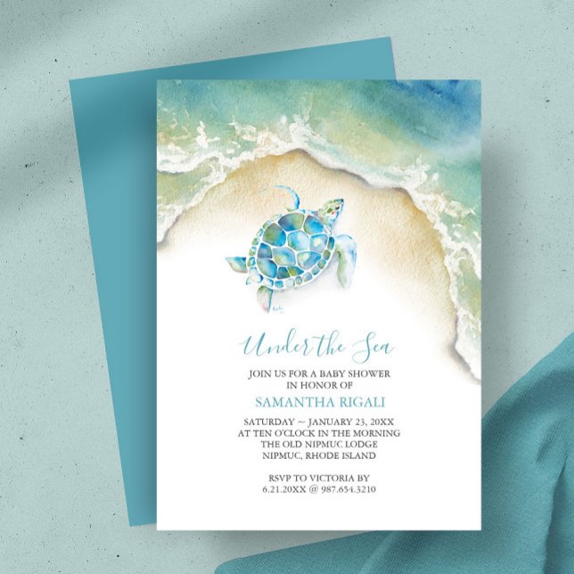 Coastal SeaTurtle Blue Baby Shower Watercolor Invitation (baby shower invitations for a boy watercolor sea turtle and ocean art by Victoria Grigaliunas)