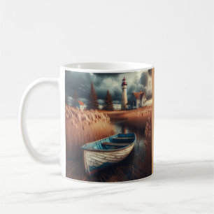 Coastal Serenity: Lighthouse and Rowboat Coffee Mug