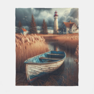 Coastal Serenity: Lighthouse and Rowboat Fleece Blanket