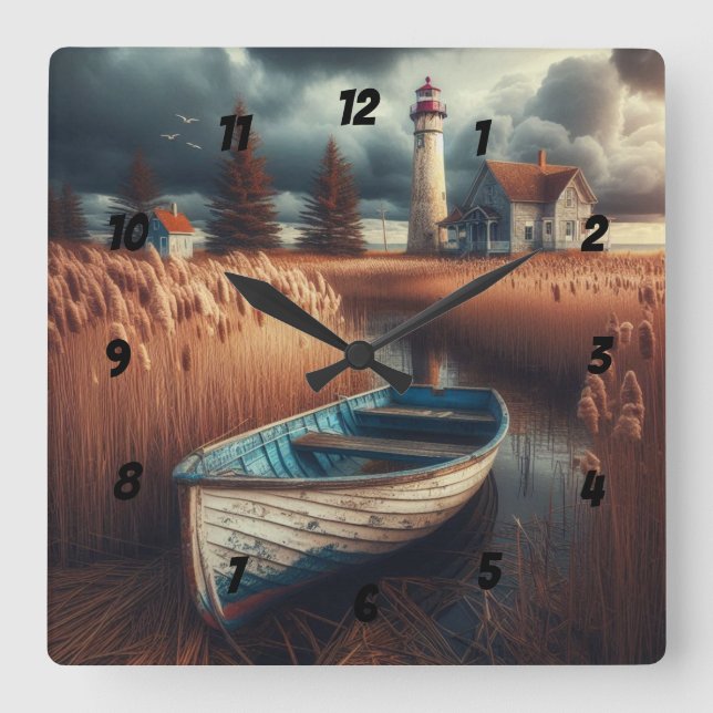 Coastal Serenity: Lighthouse and Rowboat Square Wall Clock (Front)