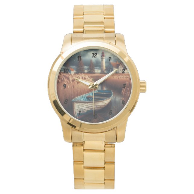 Coastal Serenity: Lighthouse and Rowboat Watch (Front)