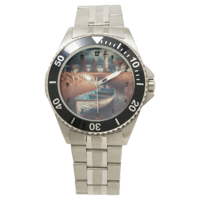 Coastal Serenity: Lighthouse and Rowboat Watch (Front)